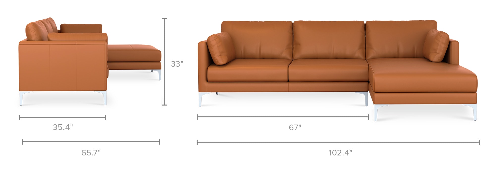 Adams Chaise Sectional Sofa Leather, Mocha, Right Facing, Silver