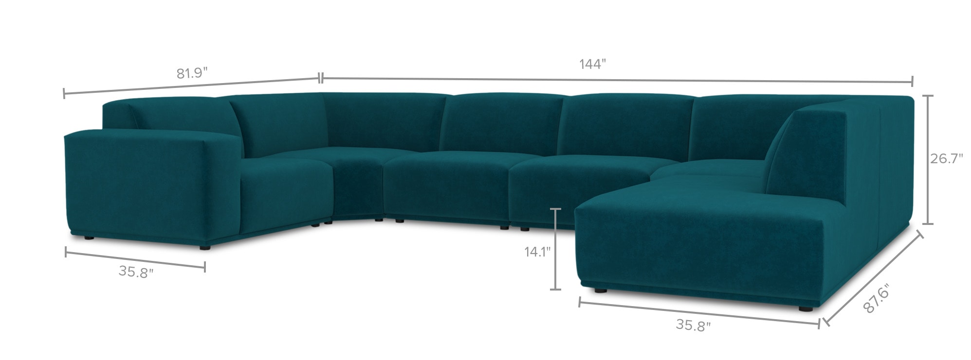 Todd UShape Sectional Sofa with Chaise, Deep Teal Velvet, Right Facing
